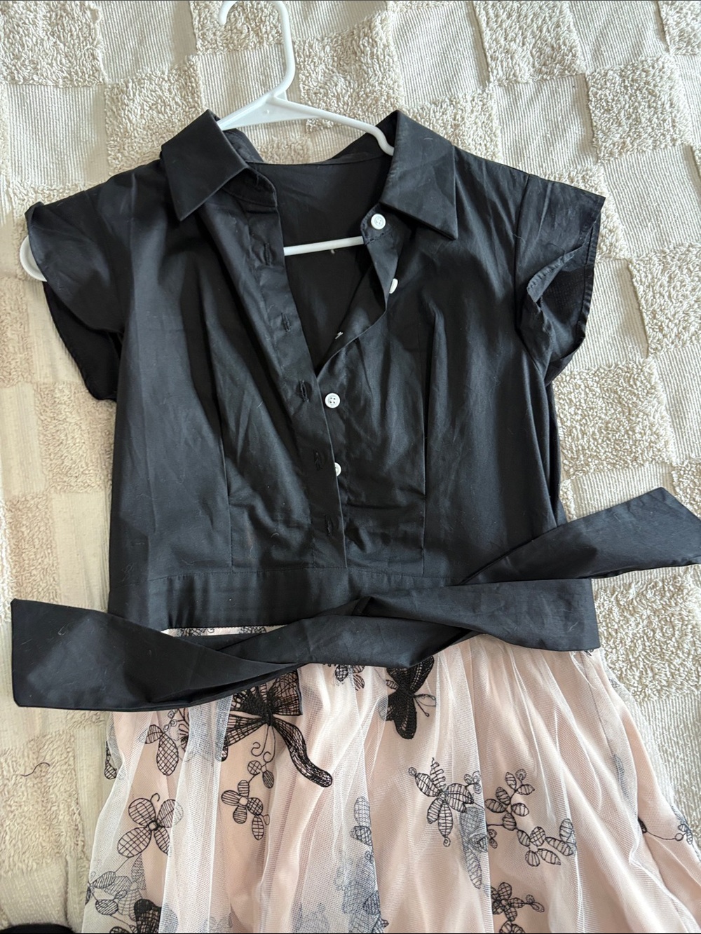 Retro short sleeve collared dress with tule skirt